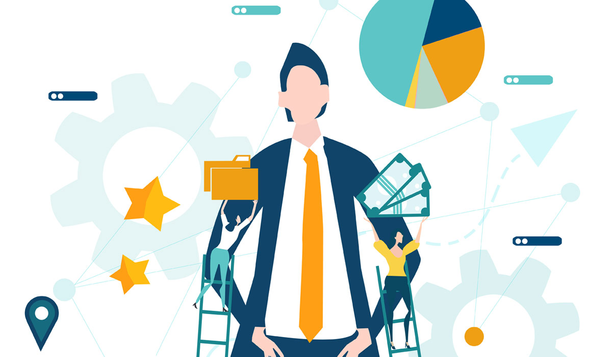 Illustration of a businessman with pie charts, spinning cogs and money floating around him. Image credit: Adobe Stock