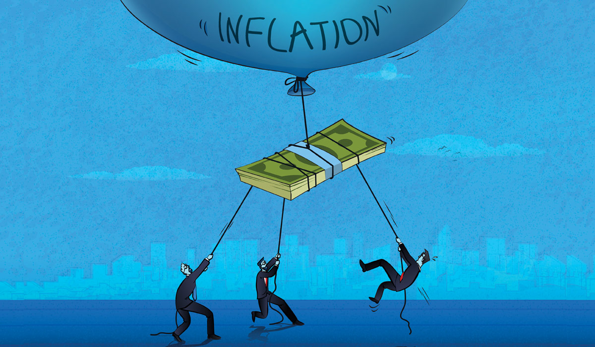 Illustration of 3 people pulling down a pile of dollar notes which are tied around a balloon with the words 'inflation' written on it. The notes are floating up into the sky. Image credit: iStock