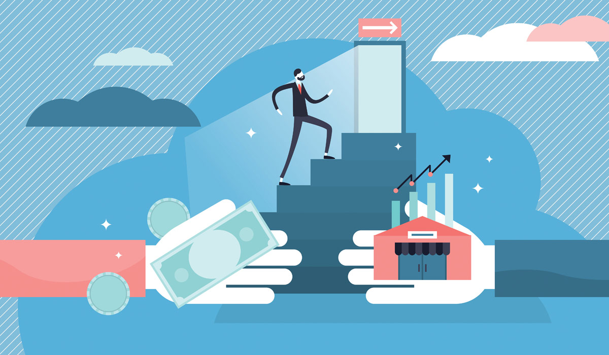 Illustration of a businessman trying to climb the stairs of success. Image credit: Adobe Stock