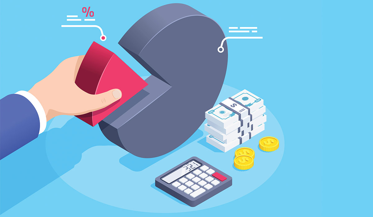Illustration of a pie chart with a hand picking out one of the segements of the graph. A calculator and money are sitting next to the graph. Image credit: Adobe Stock