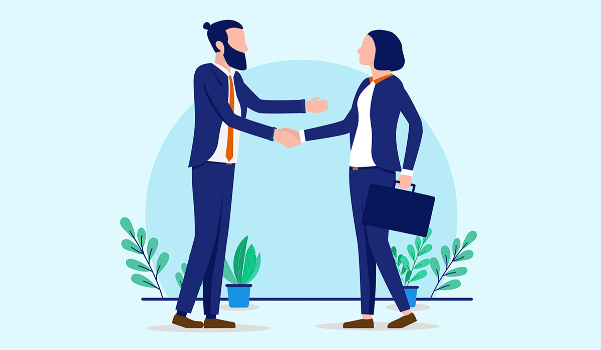 Illustration of 2 business people shaking hands. Both are smartly dressed and one is holding a briefcase. Image credit: Adobe Stock