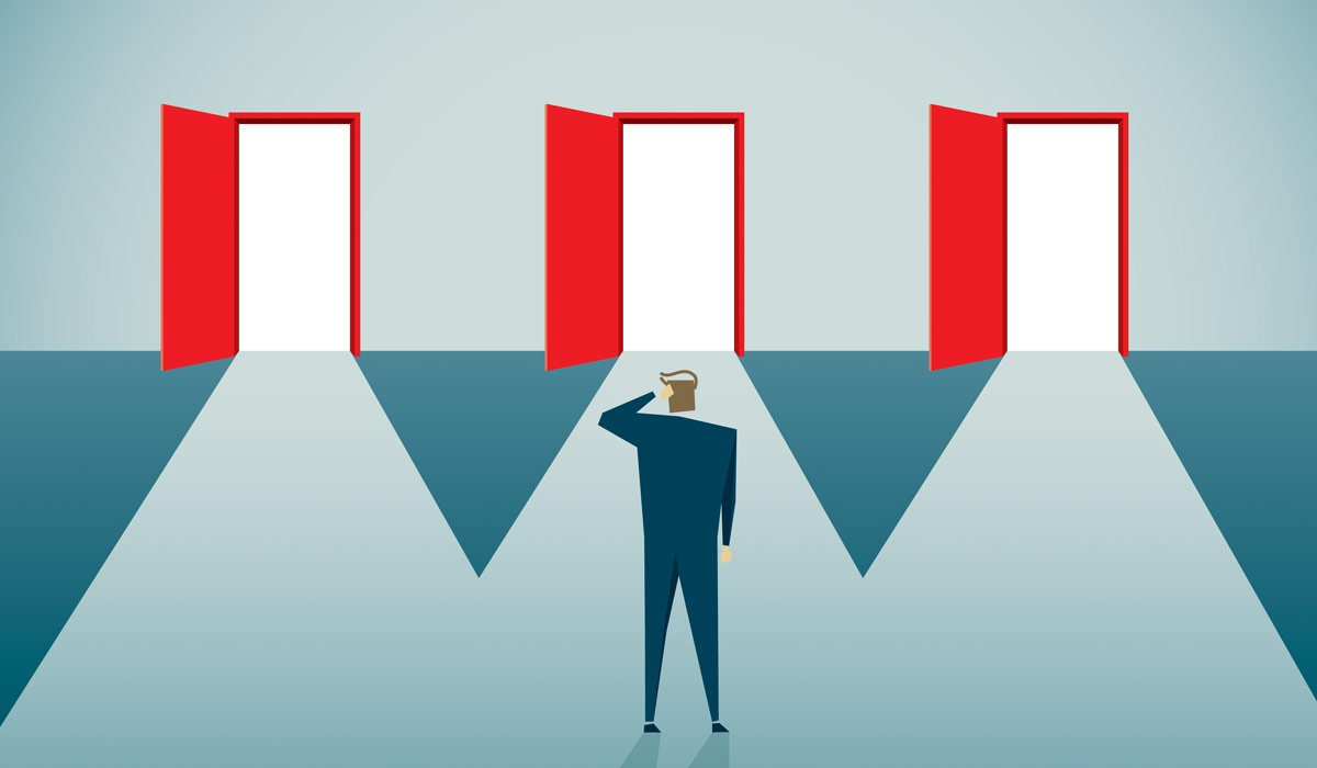 Illustration of a man standing in a room with three red doors, deciding which one to go through. Image credit: iStock
